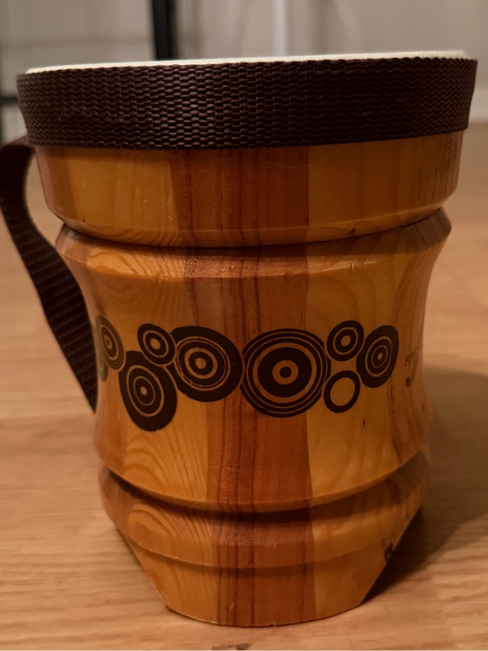 Wooden Hand Drum Demje Decorative with Dark Brown Accent Strap.
